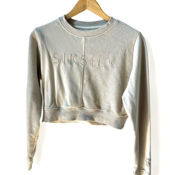 SilkSilk Cotton Blend Mixed Media Cropped Graphic Crewneck Sweatshirt in Tan 6 N - Picture 2 of 16